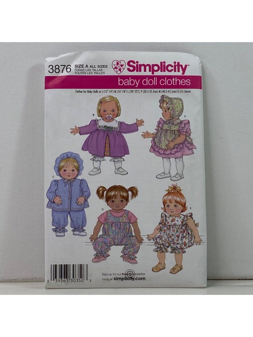 Simplicity 3876 All Sizes Baby Doll Clothes Sewing Pattern Uncut Dress Overalls